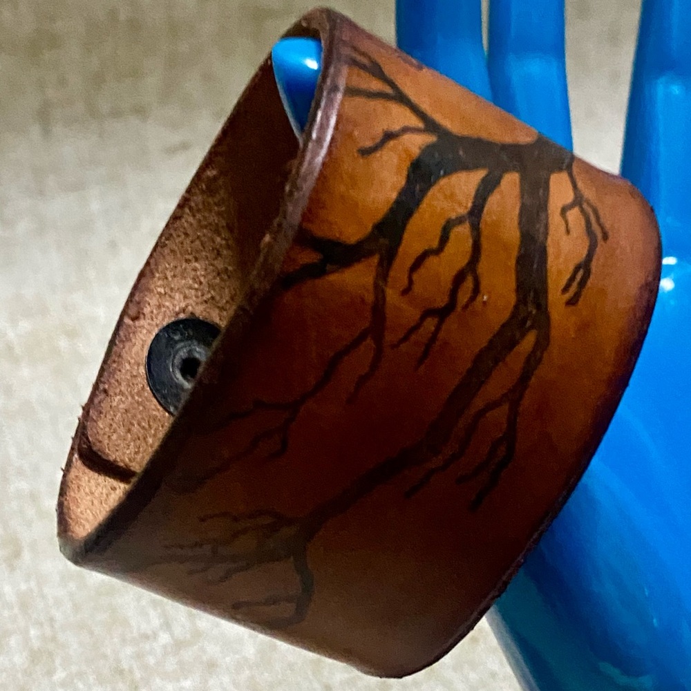 Brown Leather Cuff Bracelet with Black Tree Design